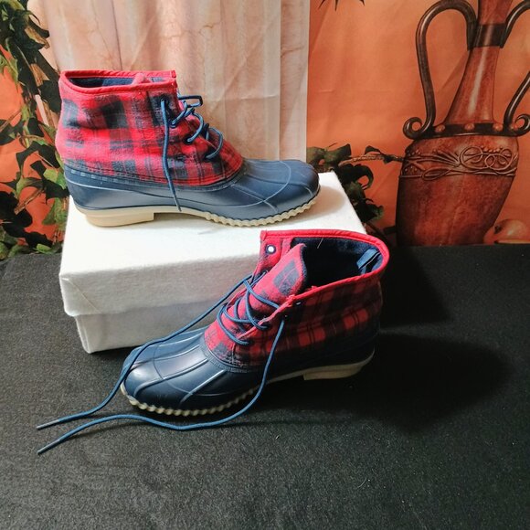 EUC: Girls' etc! Love sze Large Red & Navy Blue Plaid Check Ankle Combat Boots - Picture 5 of 6